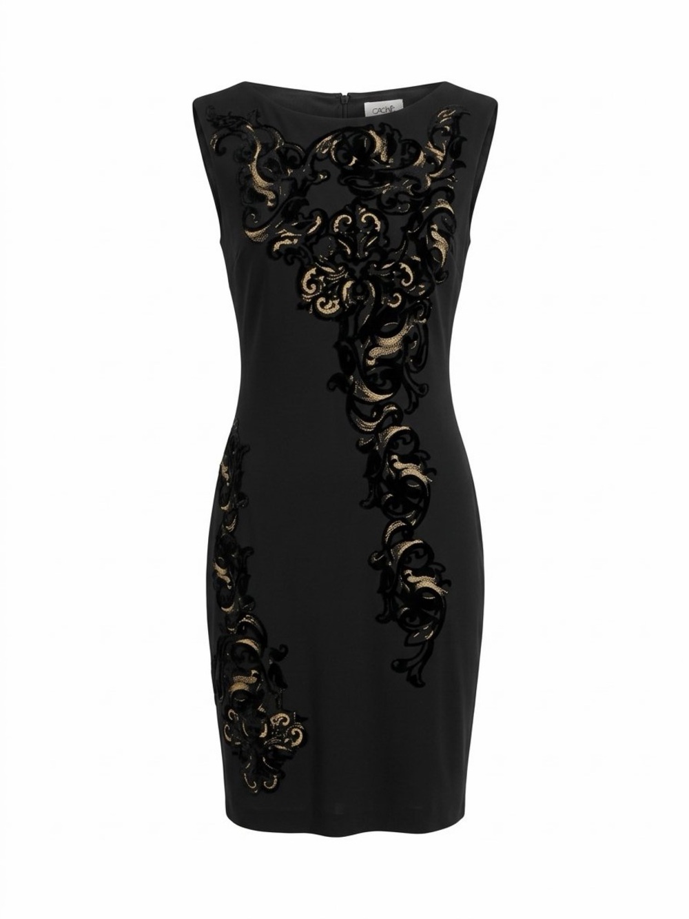 Cache Black Midi Dress Vintage Y2K luxe black with Gold Scroll Appliqué Size 4